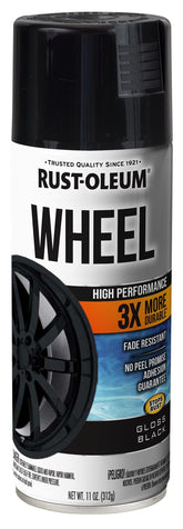 Rust-Oleum High Performance Wheel Paint gloss black can front shows durable wheel finish