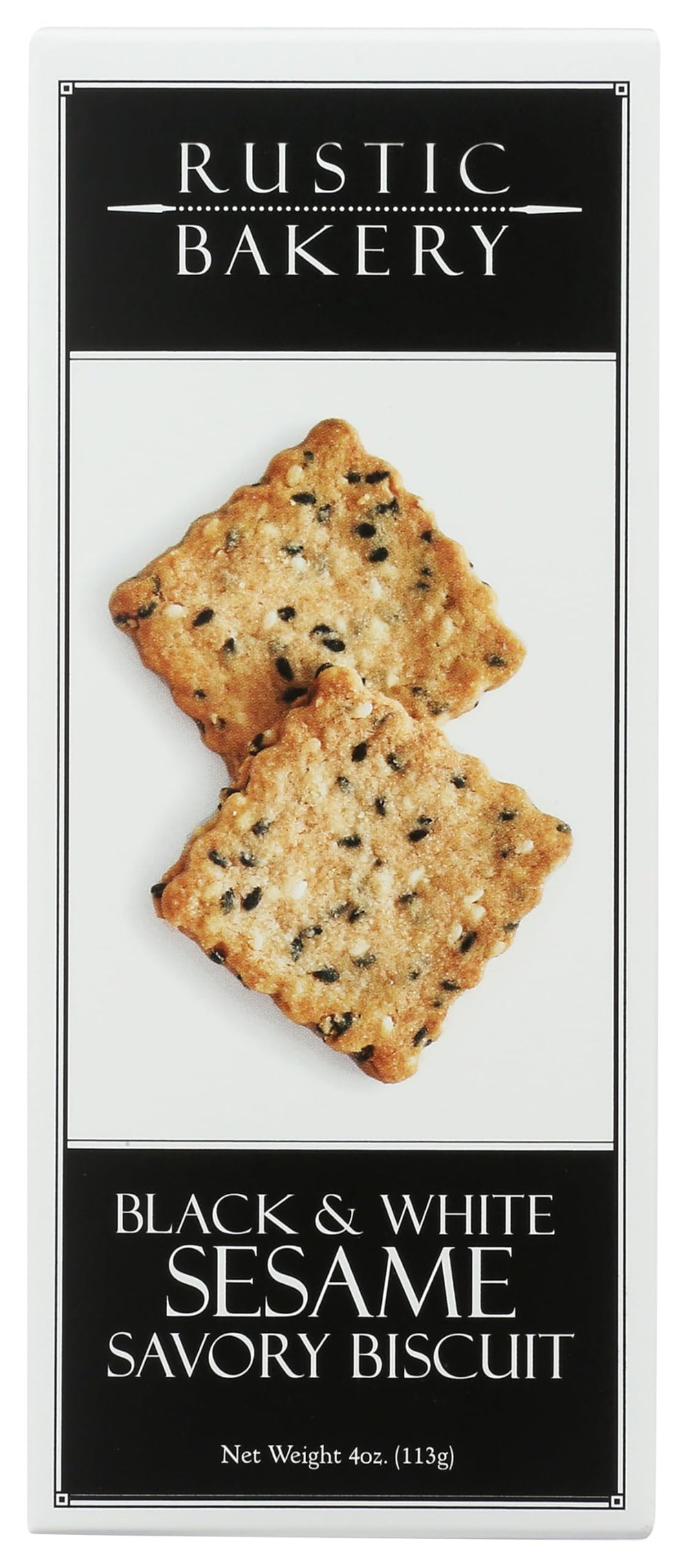 Rustic Bakery Black & White Sesame Savory Biscuits pack highlights convenient 4 oz portions for on-the-go snacking.