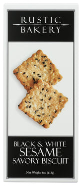 Rustic Bakery Black & White Sesame Savory Biscuits pack highlights convenient 4 oz portions for on-the-go snacking.