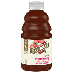 R.W. Knudsen Cranberry Juice bottle on table, 100% juice option.