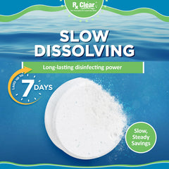 Rx Clear chlorine tabs dispensed through a floater for consistent chlorine levels.