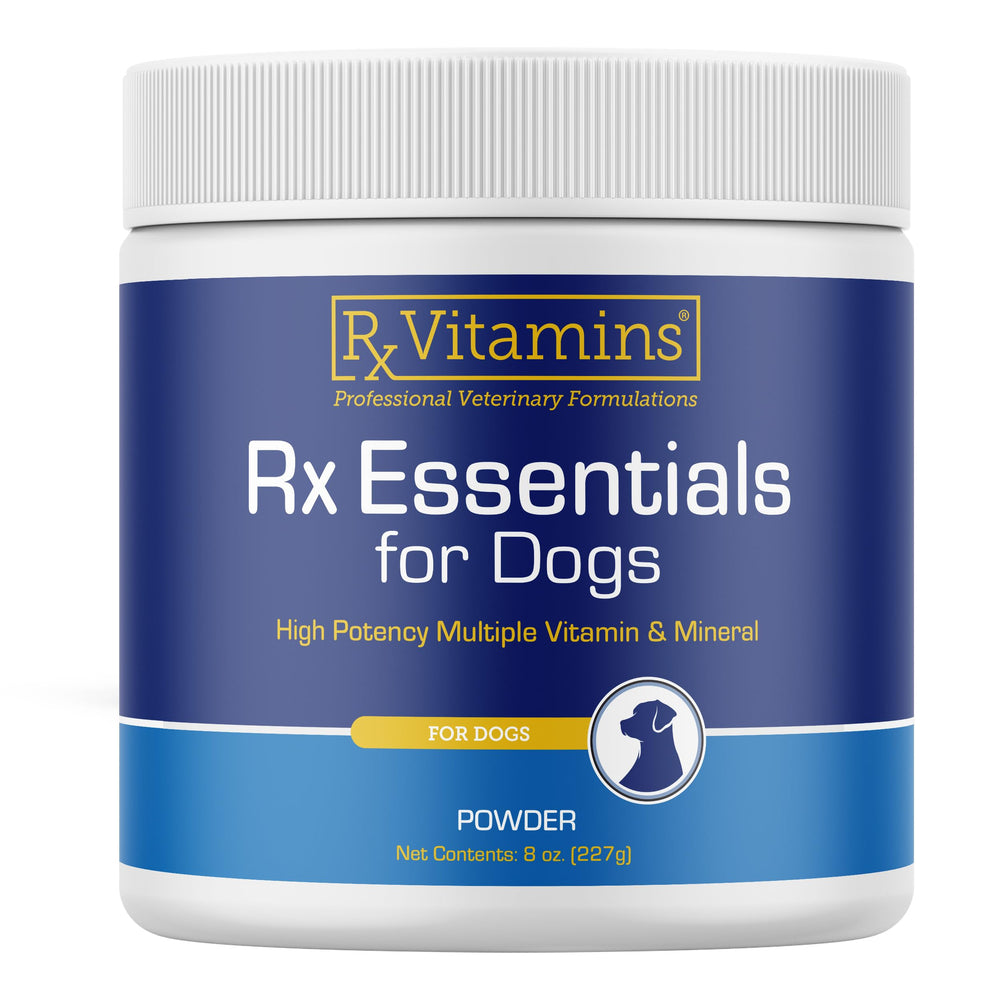 Rx Vitamins Essentials for Dogs blue spirulina powder on canister, supports daily nutrition