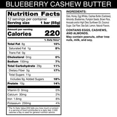 Blueberry cashew butter RXBAR bar with oats and honey beside a gym bag