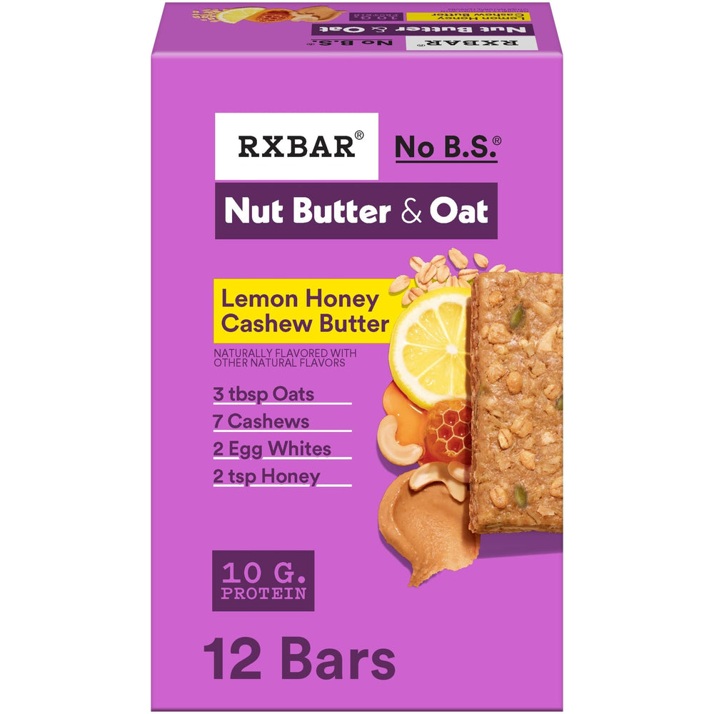 RXBAR Nut Butter and Oat Lemon Honey Cashew Butter box with twelve bars for snacks.