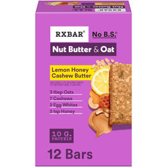 RXBAR Nut Butter and Oat Lemon Honey Cashew Butter box with twelve bars for snacks.