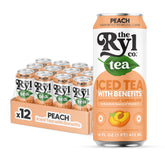The Ryl Co Peach Iced Tea can front shows a vibrant label and zero sugar appeal.