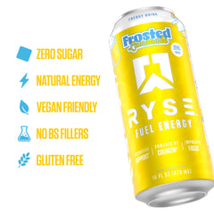 Glass pouring Frosted Lemonade from a can for a refreshing energy boost