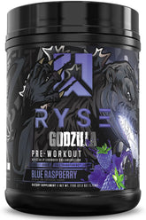RYSE Godzilla blue raspberry bottle showcases bold flavor for energized workouts.