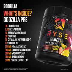 RYSE Godzilla glass with poured pre-workout in Strawberry Mango