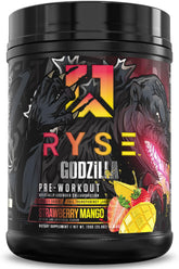 RYSE Godzilla label Strawberry Mango showing caffeine content for energy