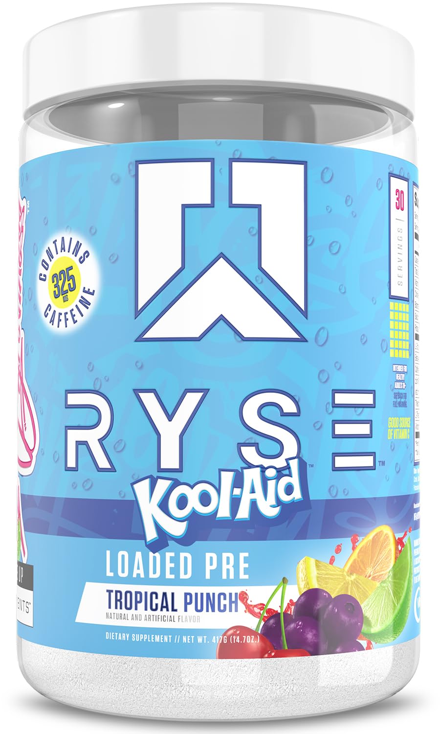 Ryse Loaded Kool-Aid Tropical Punch canister front view highlighting premium packaging and brand