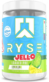RYSE Loaded Pre-Workout jar front shows bold Jell-O Lemon Lime for energized sessions.
