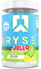 RYSE Loaded Pre-Workout jar front shows bold Jell-O Lemon Lime for energized sessions.
