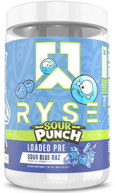 Ryse Loaded Sour Punch Blue Raz tub energizes workouts with a bold flavor.