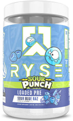 Ryse Loaded Sour Punch Blue Raz tub energizes workouts with a bold flavor.