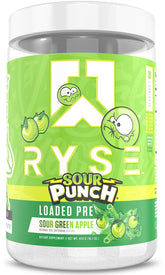 RYSE Loaded Pre Workout Sour Punch Green Apple bottle pour demonstrating energizing flavor.
