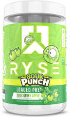 RYSE Loaded Pre Workout Sour Punch Green Apple bottle pour demonstrating energizing flavor.