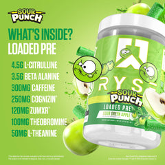 RYSE Loaded Pre Workout shaker blending the Sour Apple powder for smooth energy.