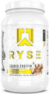 RYSE Loaded Protein Powder Cinnamon Toast packaging close-up highlighting flavor and quality for daily protein.