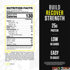 RYSE Fruity Crunch scoop and tub close-up emphasizes easy serving and convenient nutrition.