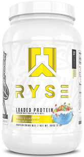 RYSE Loaded Protein Powder Fruity Crunch tub front highlights premium protein and flavor.