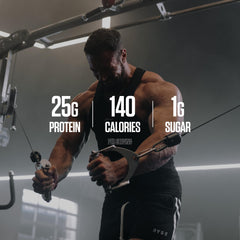 RYSE nutrition-label closeup emphasizes 25g protein per serving