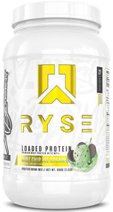 RYSE Loaded Protein Powder Mint Chip Ice Cream tub front boosts muscle support with 25g protein