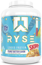 RYSE Loaded Protein Powder Skippy Peanut Butter tub delivering 25 g protein per serving.