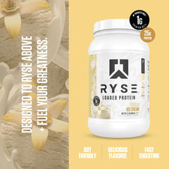 RYSE Loaded Protein scoop pours into a shaker, showcasing quick mixability.