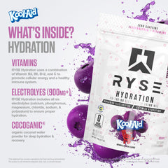 RYSE Up Hydration grape glass showing vibrant flavor for active hydration.