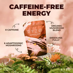 RYZE Mushroom Chicory blend closeup highlights organic adaptogens.