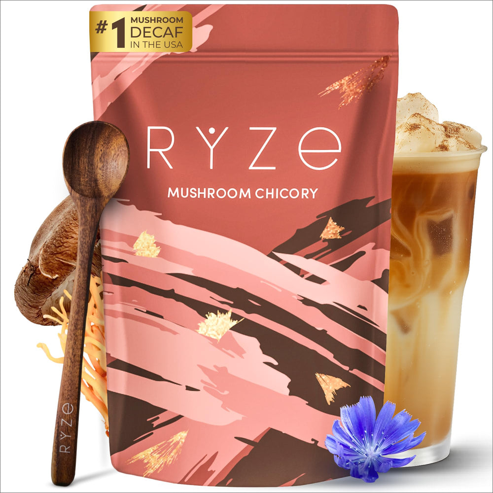 RYZE Mushroom Chicory packaging shows a caffeine-free coffee alternative.
