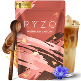 RYZE Mushroom Chicory packaging shows a caffeine-free coffee alternative.
