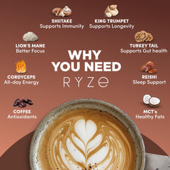 RYZE Mushroom Coffee Dark Roast canister with California-grown mushrooms