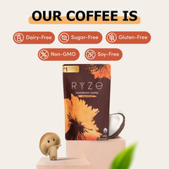 RYZE Coffee canister shows a premium medium roast with full-spectrum mushrooms.