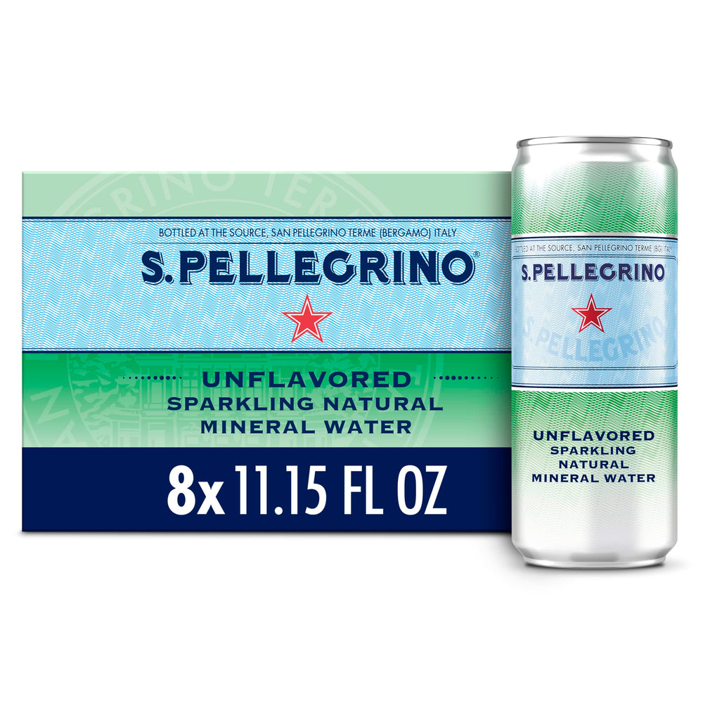 S.Pellegrino sparkling natural water can, front view, ideal with meals.