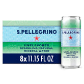 S.Pellegrino sparkling natural water can, front view, ideal with meals.