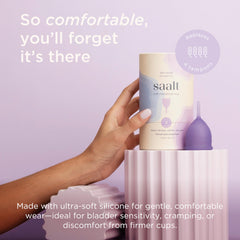 Saalt Soft cup Mountain Iris in packaging for sustainable, reusable protection.