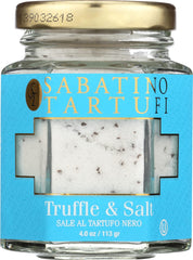Sabatino Tartufi truffle salt bottle closeup highlighting premium flavor enhancement.