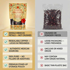 Sabor Orgánico hibiscus petals close-up showing vibrant red color for bold brews.