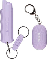 SABRE pepper spray canister on a key chain with lavender finish for quick self-defense access.