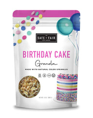 Safe + Fair Birthday Cake Granola bag front for convenient snacking