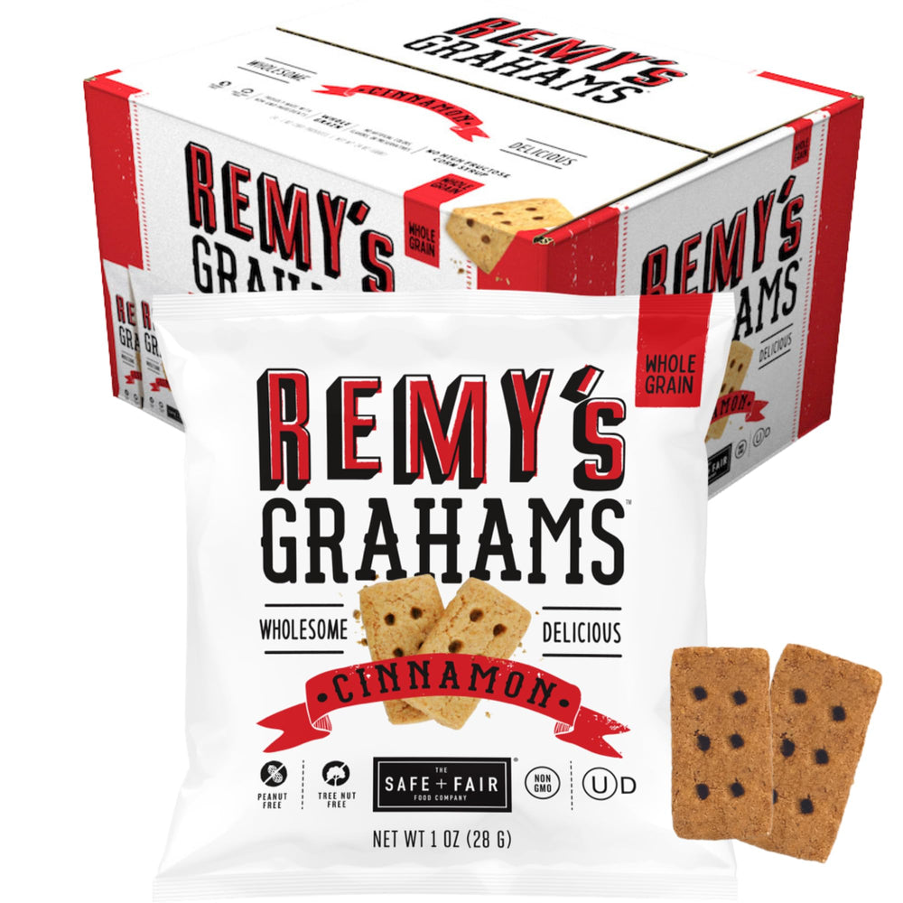 The Safe + Fair Remy’s Cinnamon Grahams pack front, peanut-free snack for school lunches.