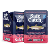 Safe Catch salmon pouch packaging closeup showing convenient, skinless portions for quick meals.