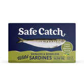 Safe Catch wild sardines in EVOO can close-up showing rich oil and tender fillets ready to eat