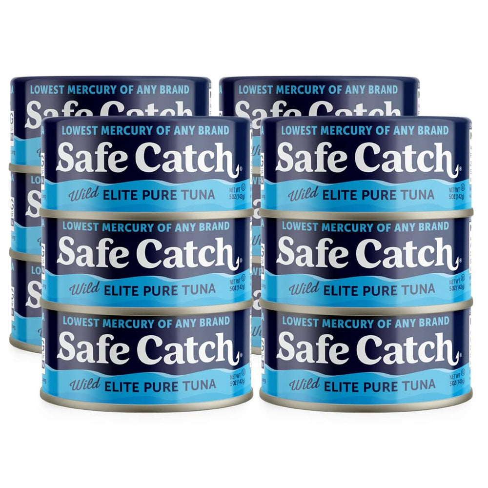 Safe Catch Wild Tuna 5oz can showing label for low mercury protein.