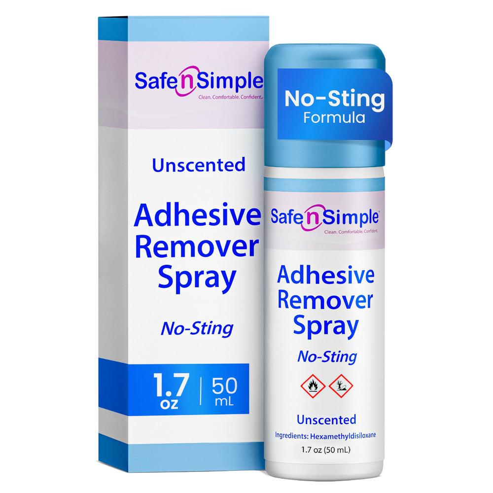 Safe n’ Simple spray bottle demonstrates gentle, alcohol-free adhesive removal.