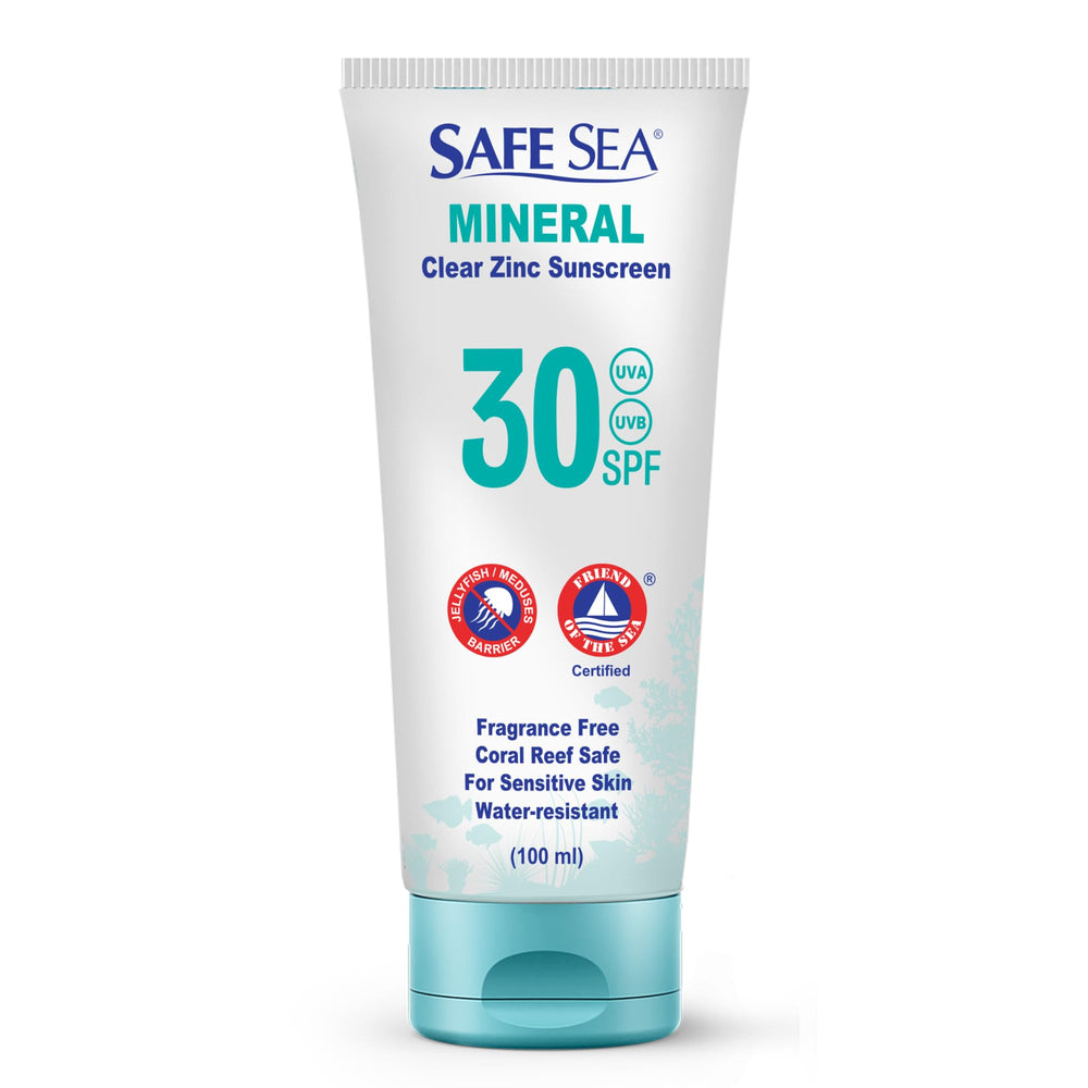 SAFE SEA sunscreen bottle labeled SPF 30 for reef-safe protection