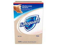 Safeguard antibacterial bath bar soap 4-pack displayed near bathroom sink.