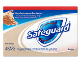 Safeguard antibacterial bath bar soap 4-pack on tiled surface for family use.